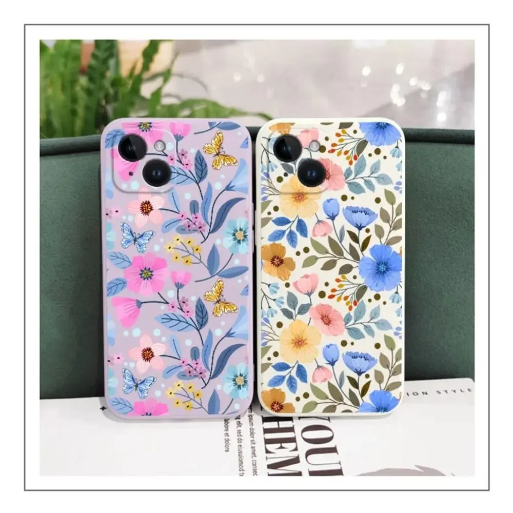 Purple Silicone iPhone‎ 15 Pro Case with Pink and Blue Floral Design